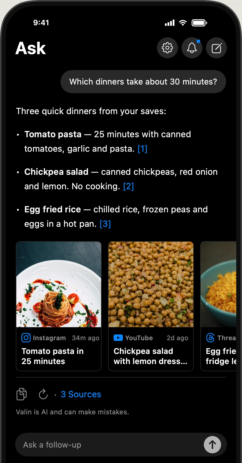 Valin Ask compares three quick dinners with numbered citations, original source cards and a follow-up field.