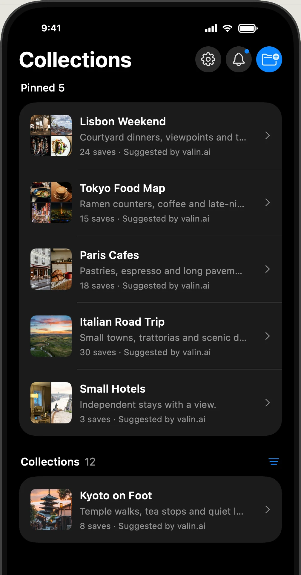 Native Valin Collections screen grouping saved restaurant and travel ideas by topic.
