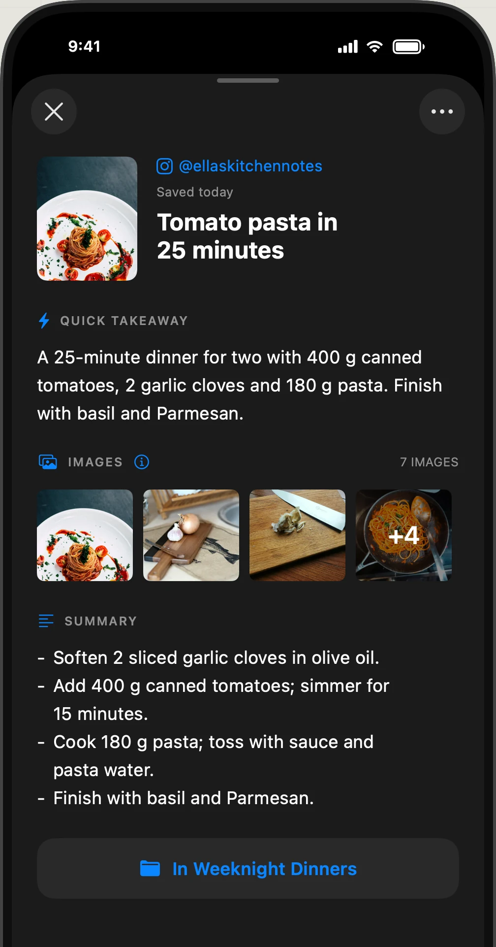 Valin saved item showing a tomato pasta takeaway, photos and cooking steps.