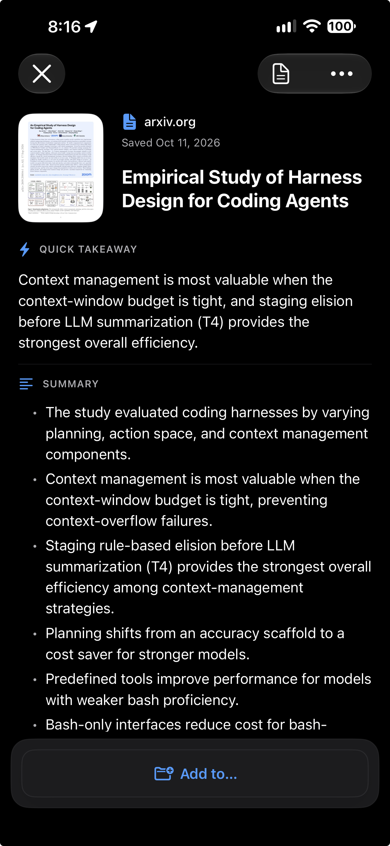 Valin PDF detail screen showing an arXiv research paper with its document thumbnail, quick takeaway and bulleted summary.